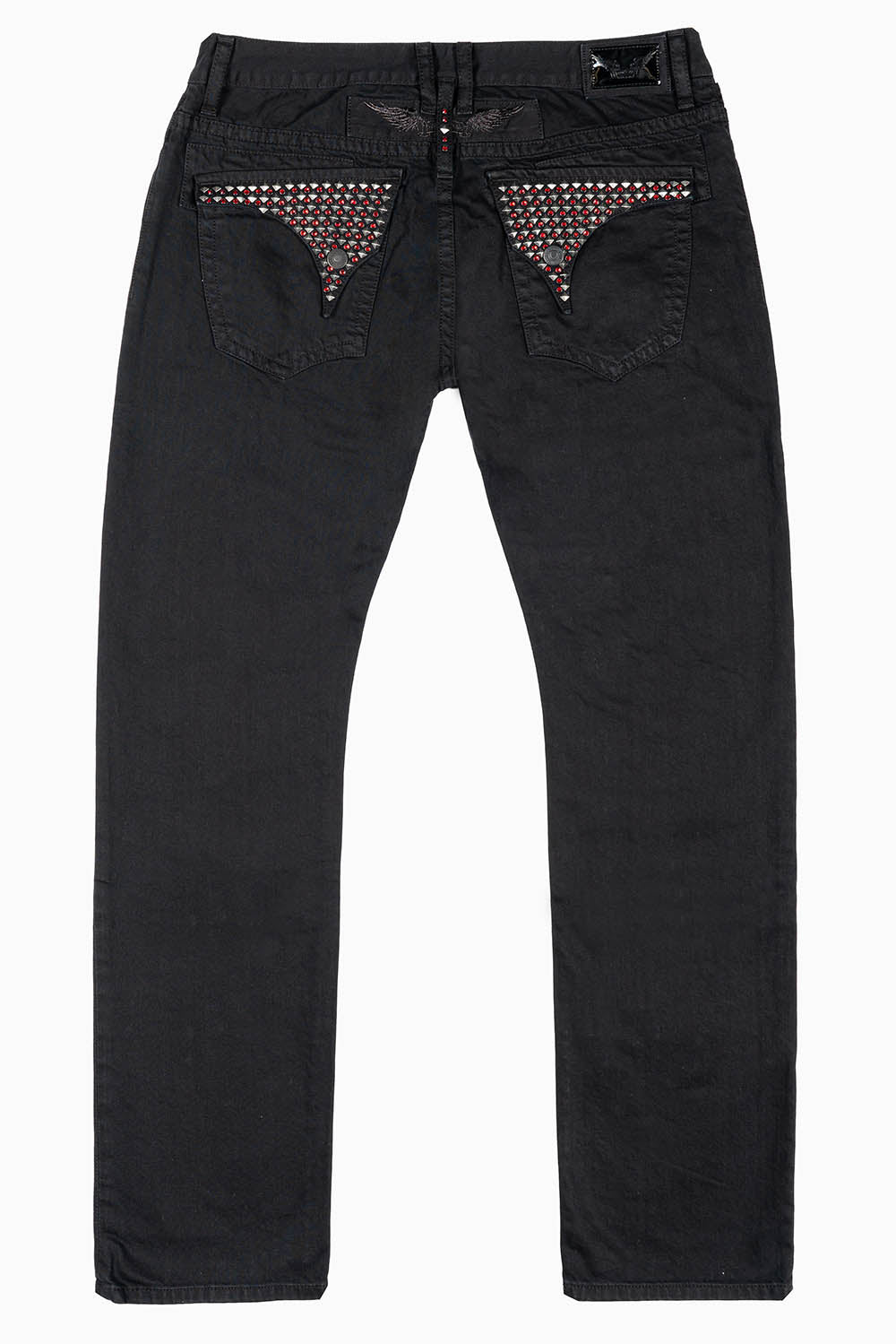 MENS LONG FLAP SLIM JEANS WITH STUDS & CRYSTALS IN BLACK  BROKEN REPAIRED DNM