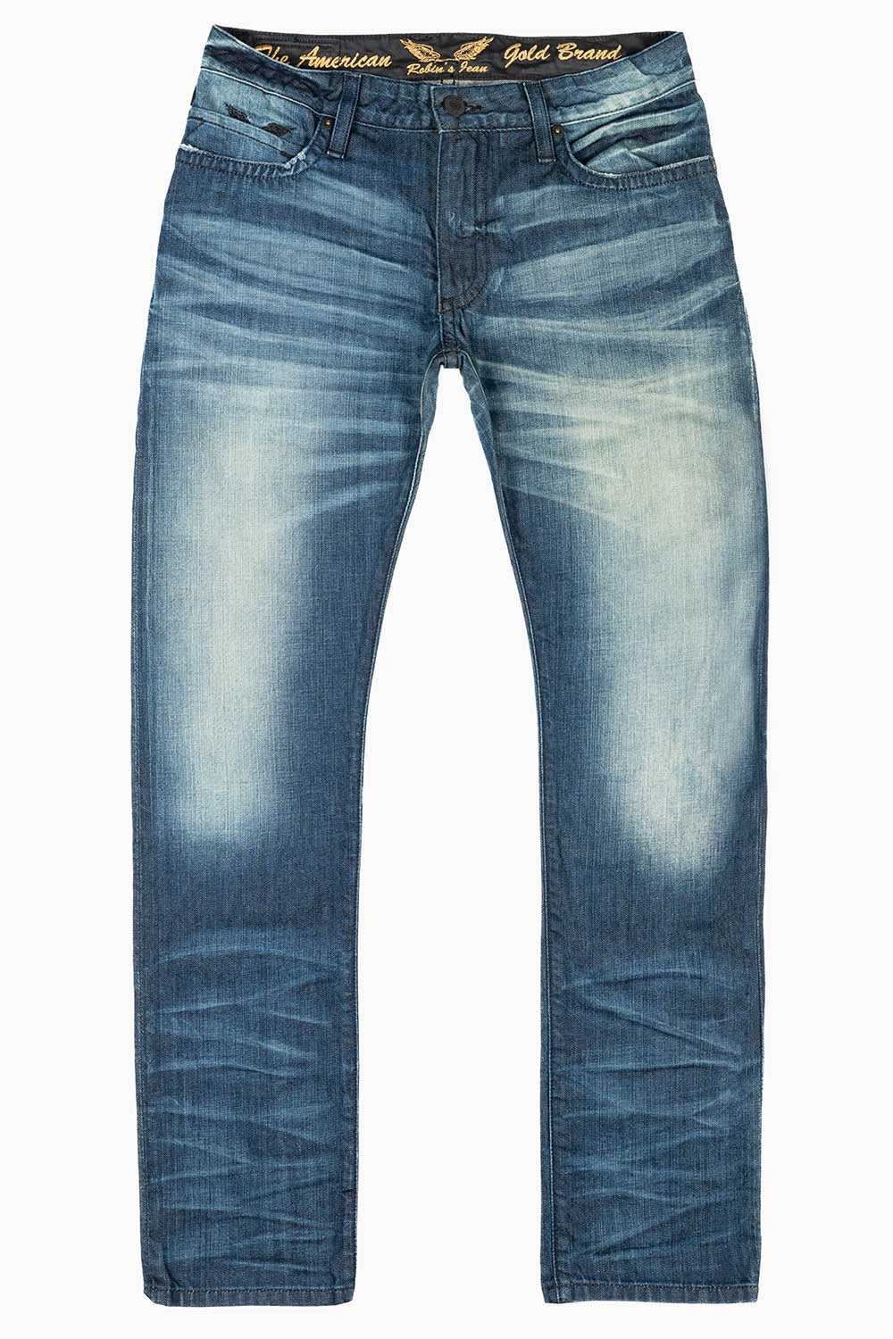 MENS LONG FLAP SLIM JEANS WITH STUDS & CRYSTALS IN BLUE ALBANY DARK WASH
