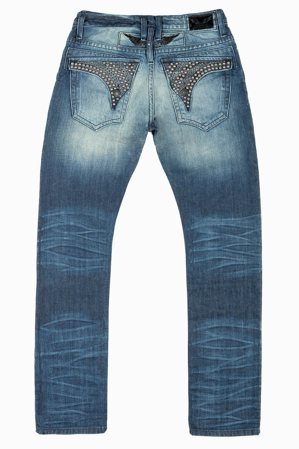 MENS LONG FLAP SLIM JEANS WITH STUDS & CRYSTALS IN BLUE ALBANY DARK WASH