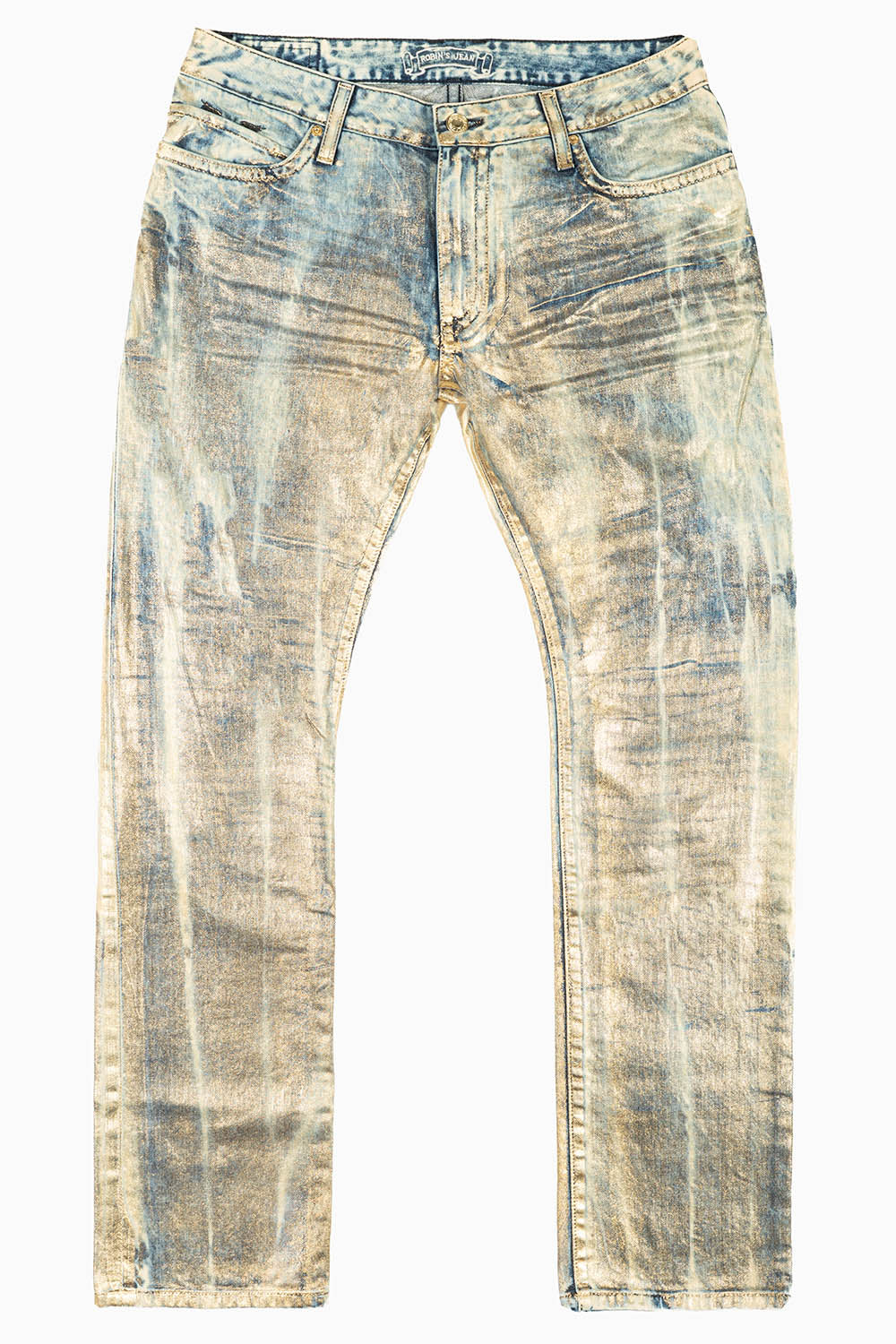 MENS LONG FLAP SLIM JEANS WITH GOLD STUDS & CRYSTALS IN GOOD TIMES GOLD WASH