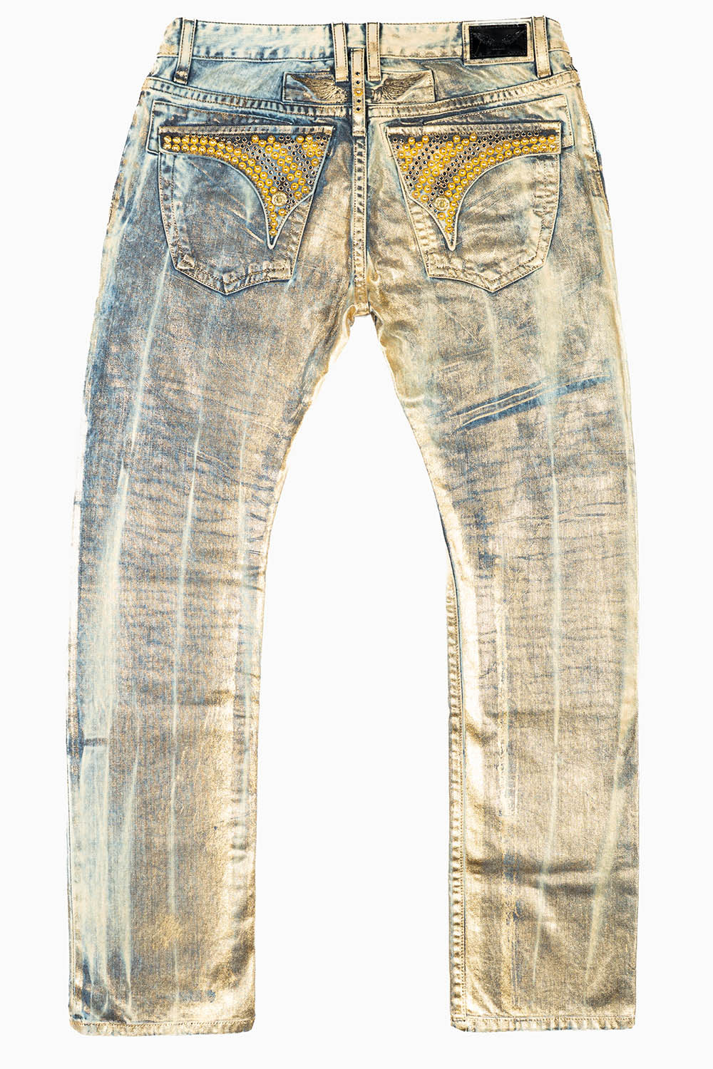 MENS LONG FLAP SLIM JEANS WITH GOLD STUDS & CRYSTALS IN GOOD TIMES GOLD WASH