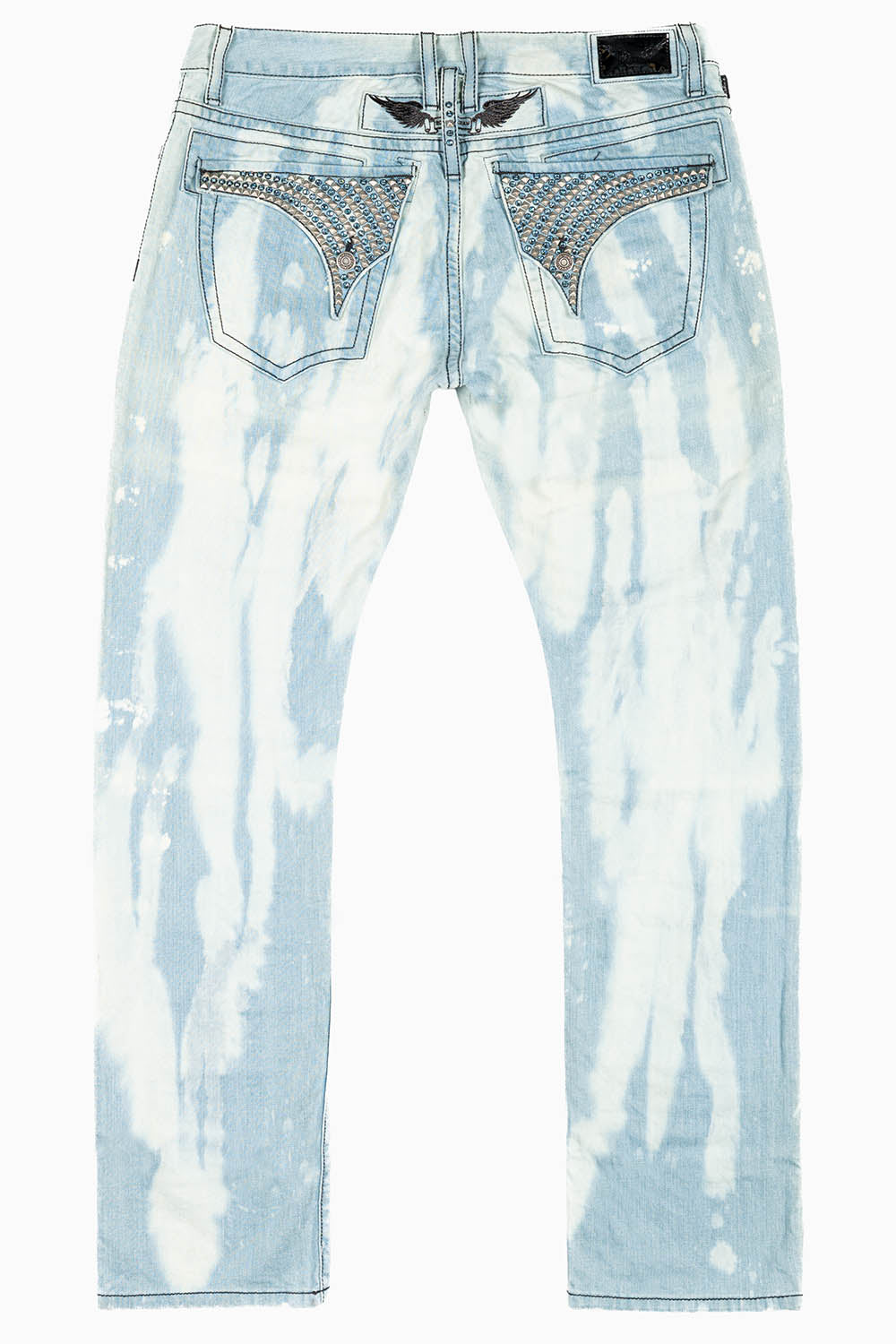 MENS LONG FLAP SLIM RIPPED JEANS IN FLORENCE WASH EMBELLISHED WITH STUDS & CRYSTALS