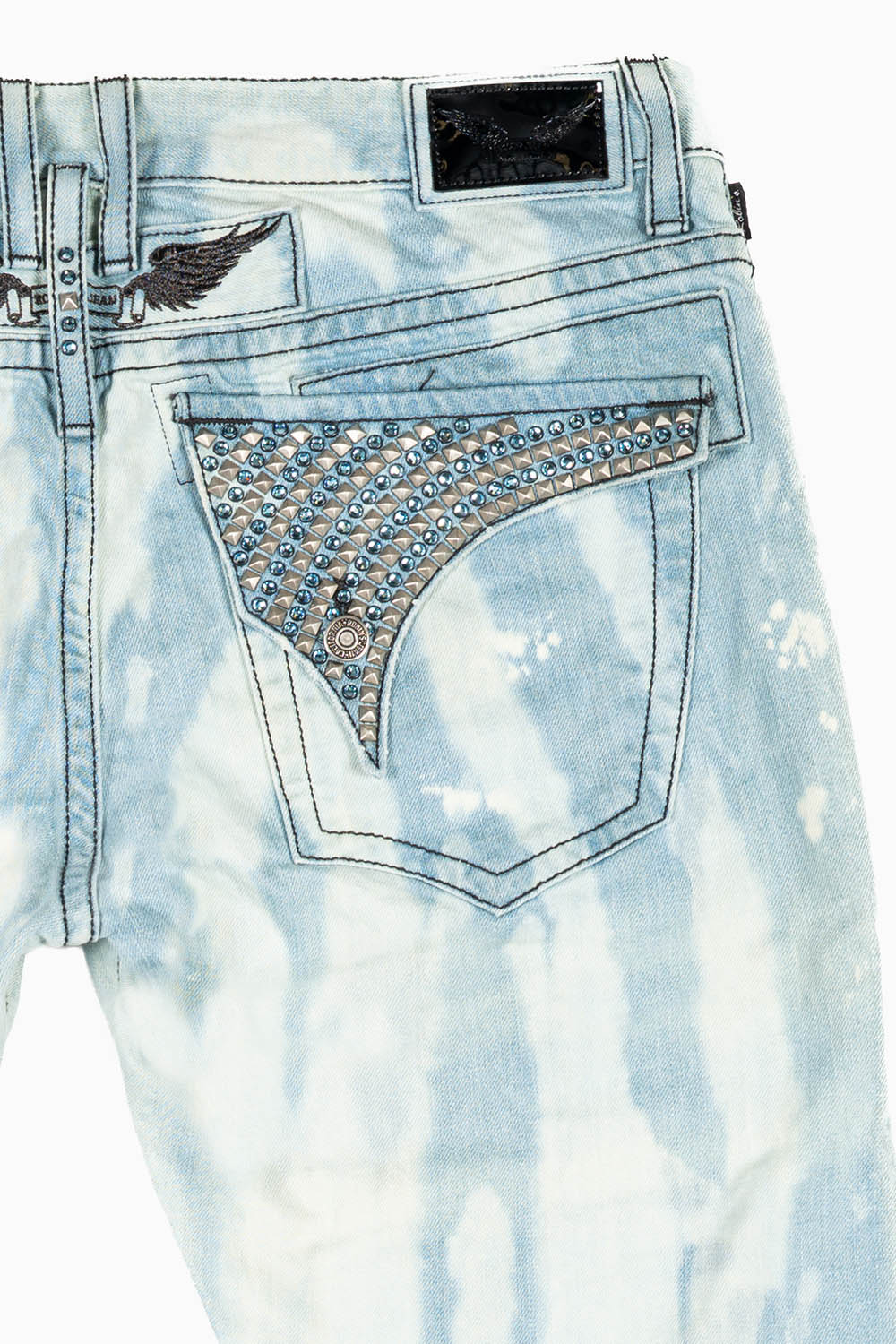 MENS LONG FLAP SLIM RIPPED JEANS IN FLORENCE WASH EMBELLISHED WITH STUDS & CRYSTALS