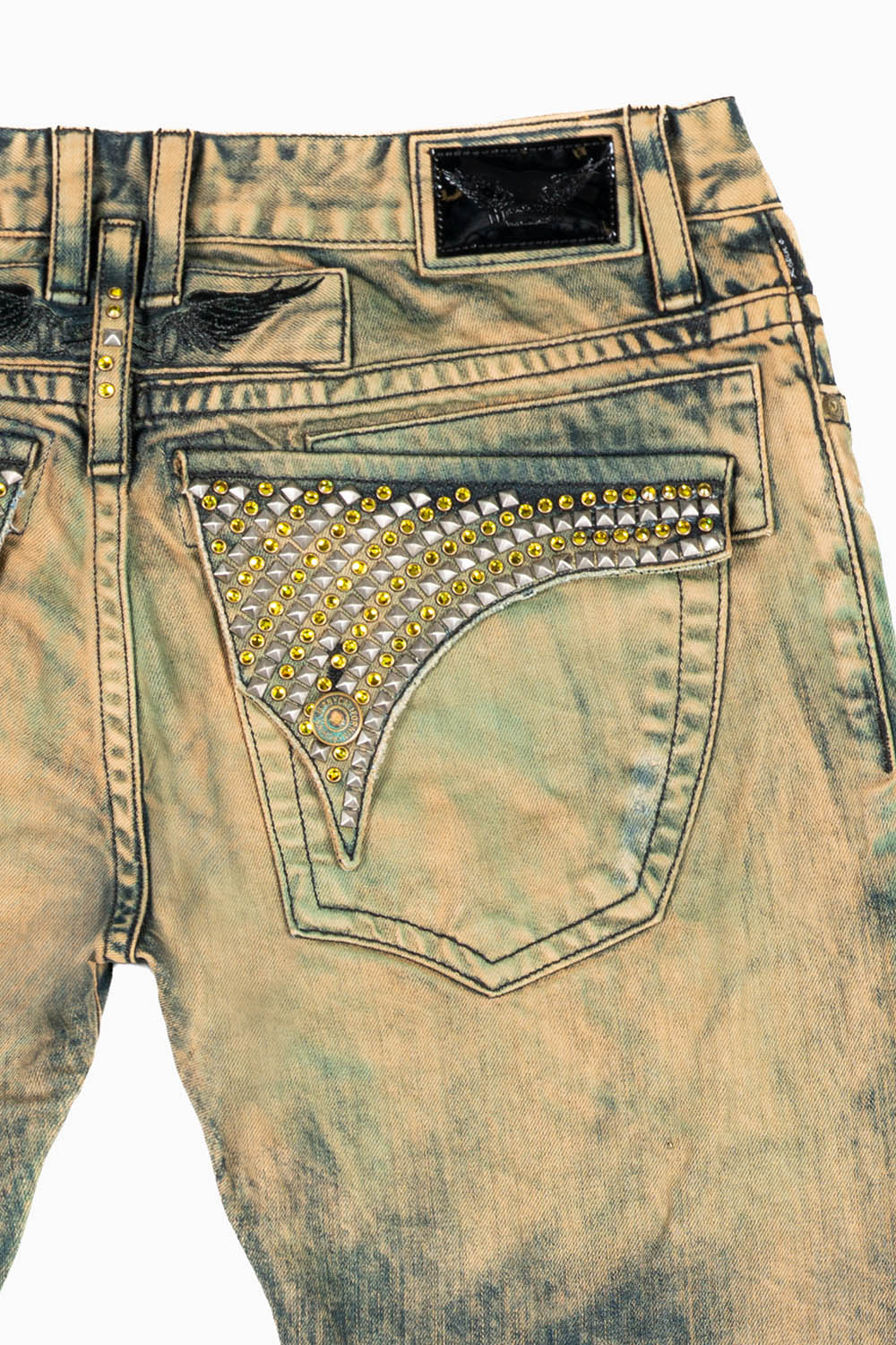 MENS LONG FLAP SLIM JEANS IN K WASH TURQUOISE WASH EMBELLISHED WITH  STUDS & CRYSTALS