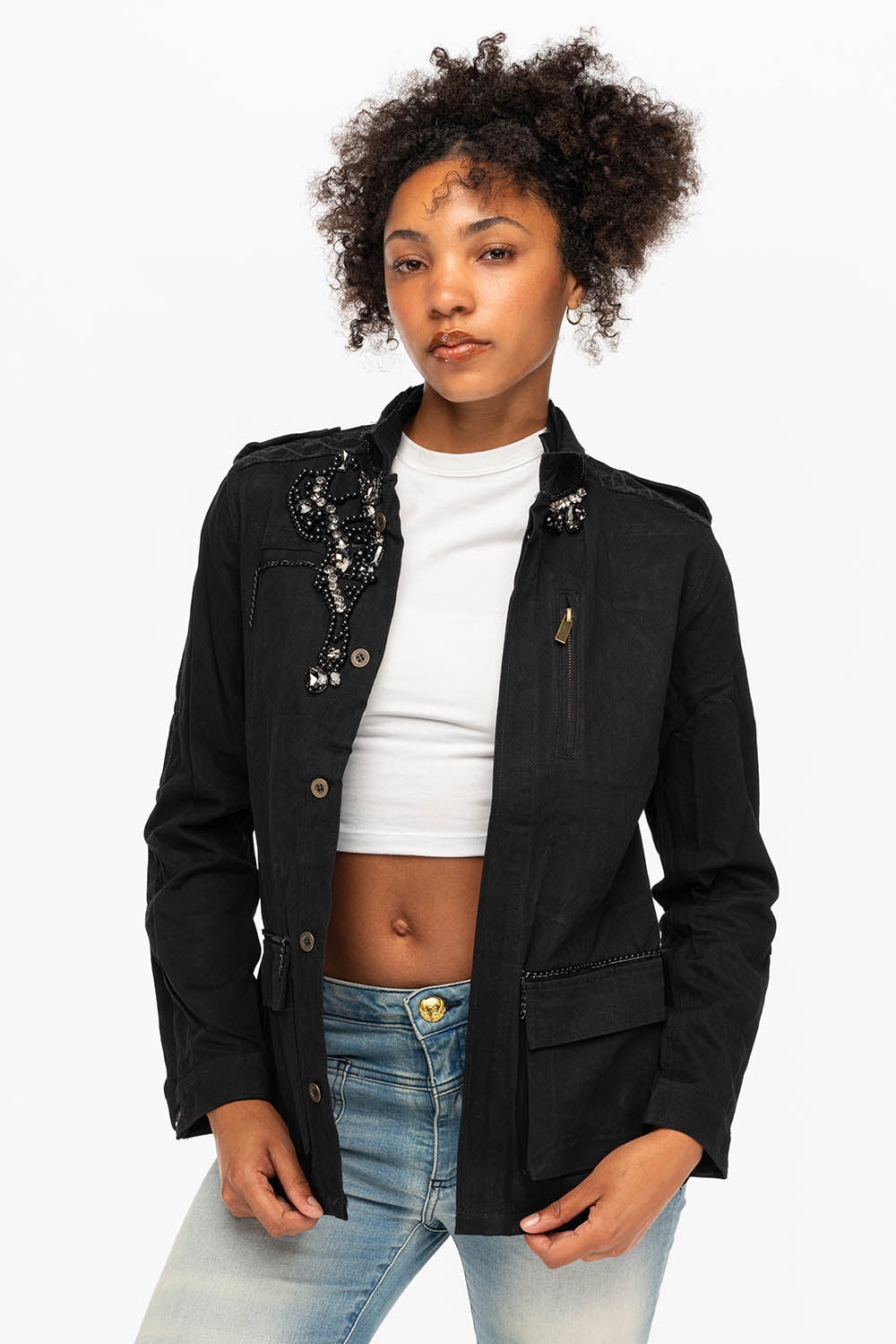 MILITARY JACKET WITH CRYSTALS IN BLACK