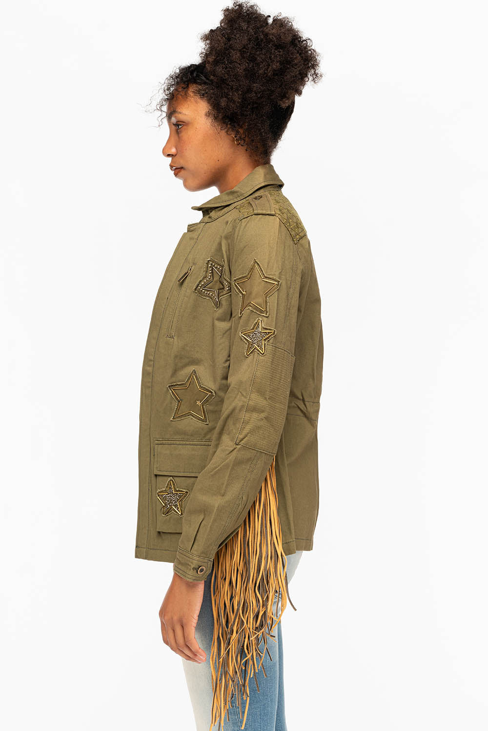 WOMENS FRINGE JACKET WITH PATCHES IN MILITARY GREEN