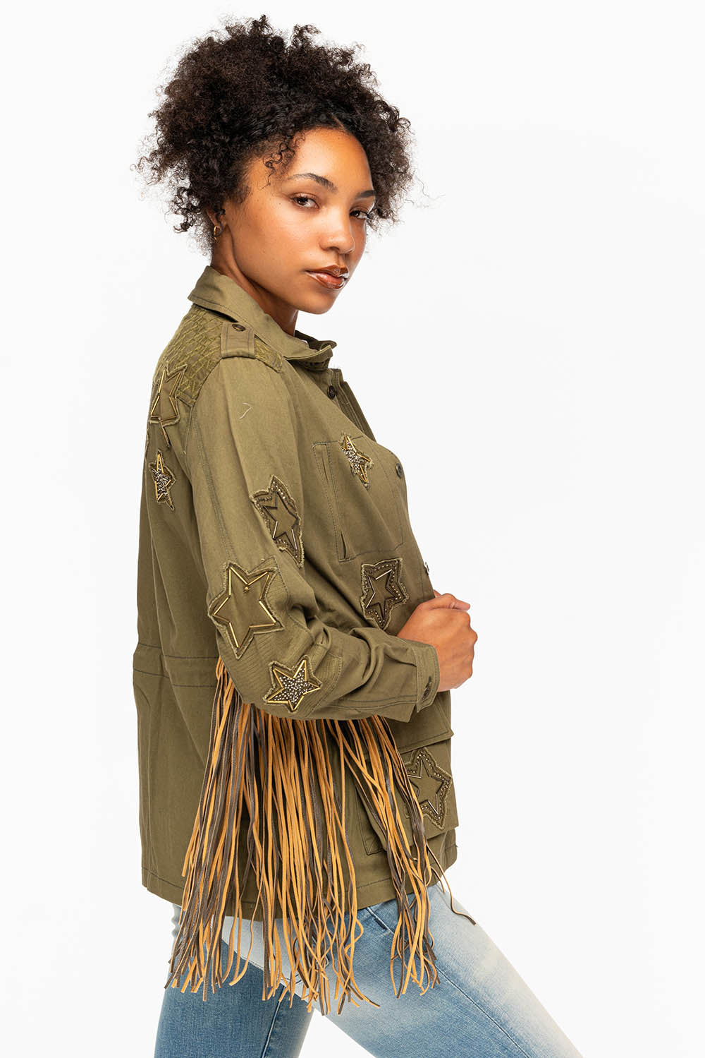 WOMENS FRINGE JACKET WITH PATCHES IN MILITARY GREEN