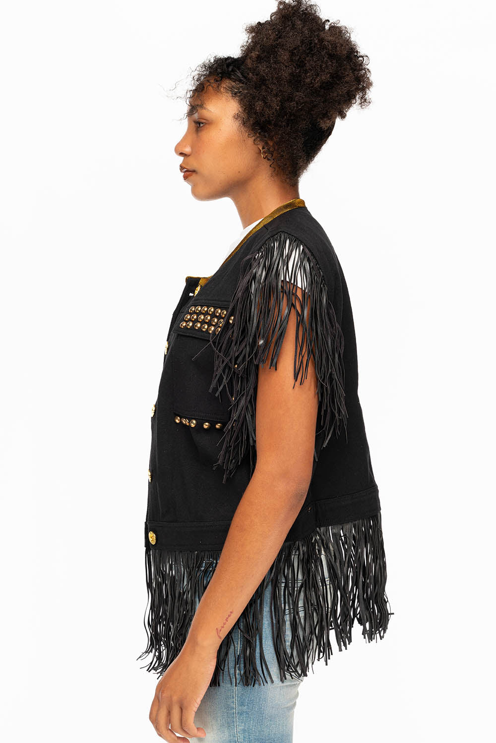 WOMENS STUDDED FRINGE VEST IN BLACK