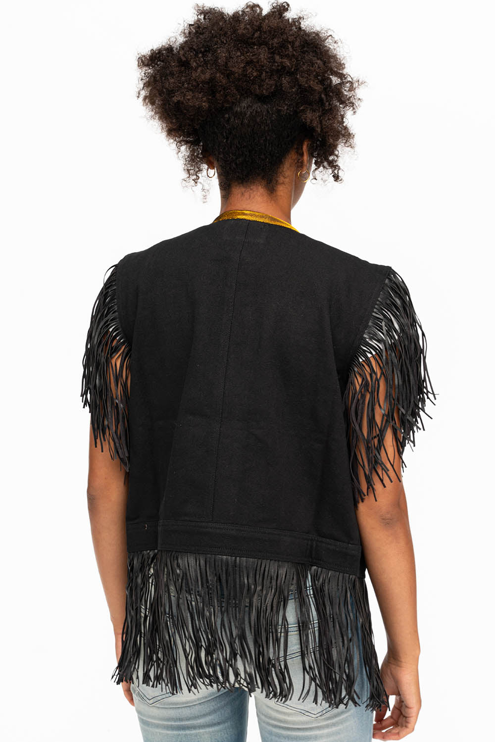 WOMENS STUDDED FRINGE VEST IN BLACK