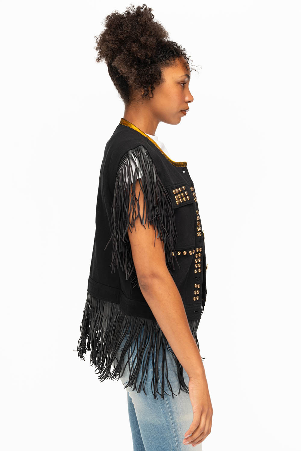 WOMENS STUDDED FRINGE VEST IN BLACK