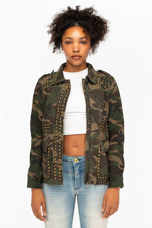 WOMENS STUDDED JACKET IN CAMO GREEN