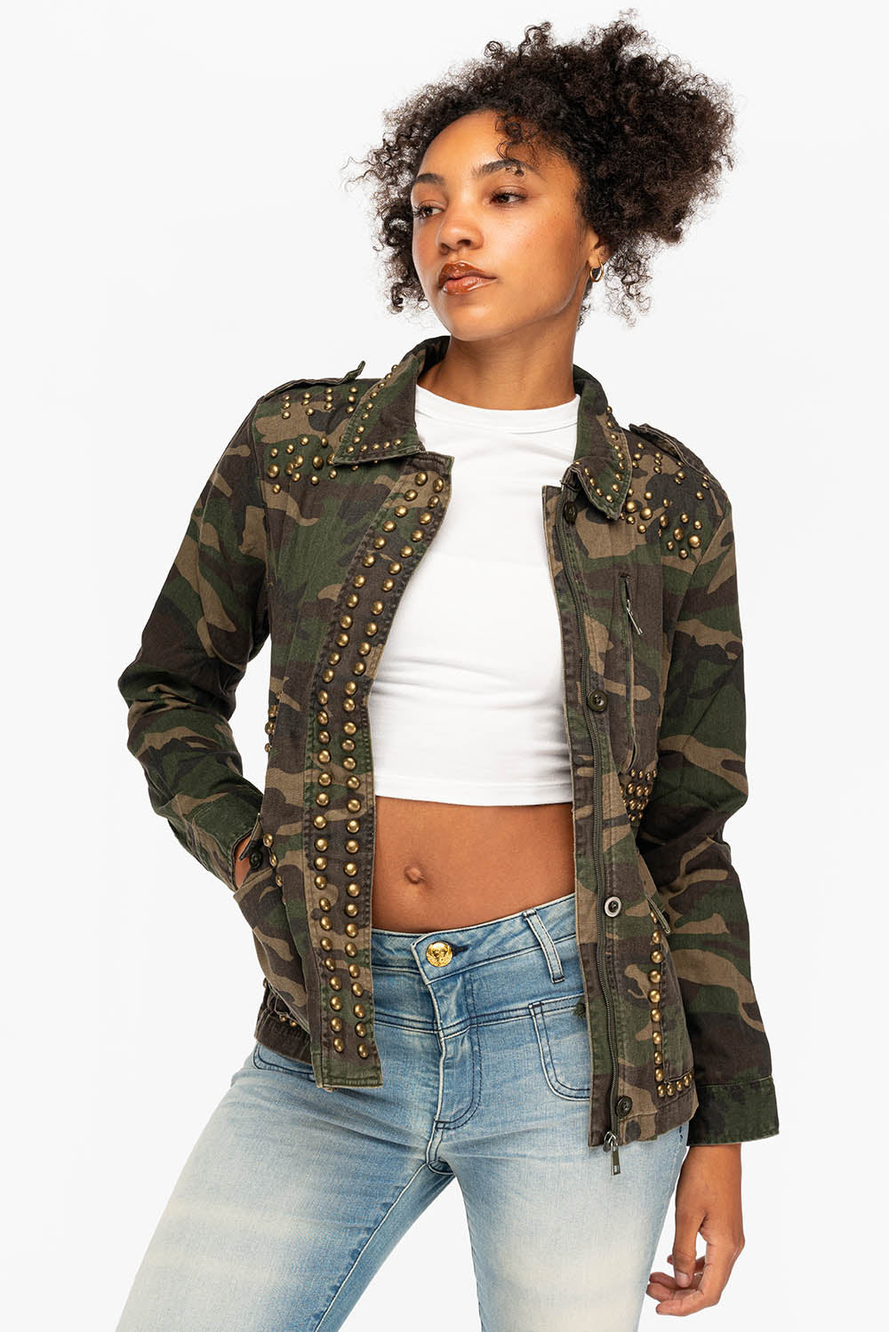 WOMENS STUDDED JACKET IN CAMO GREEN