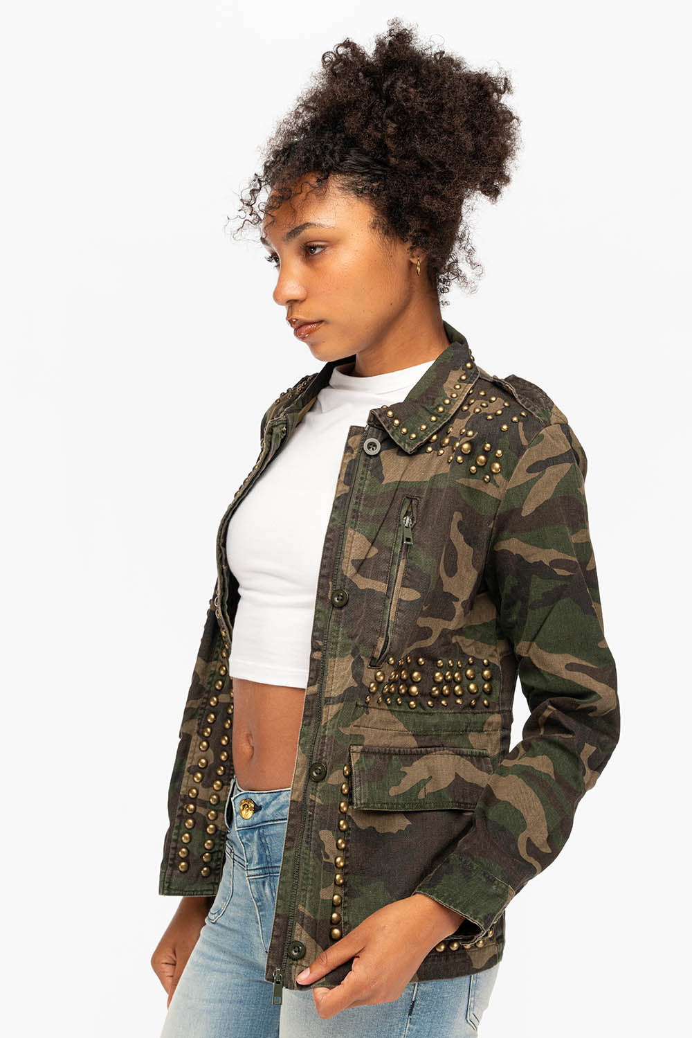 WOMENS STUDDED JACKET IN CAMO GREEN