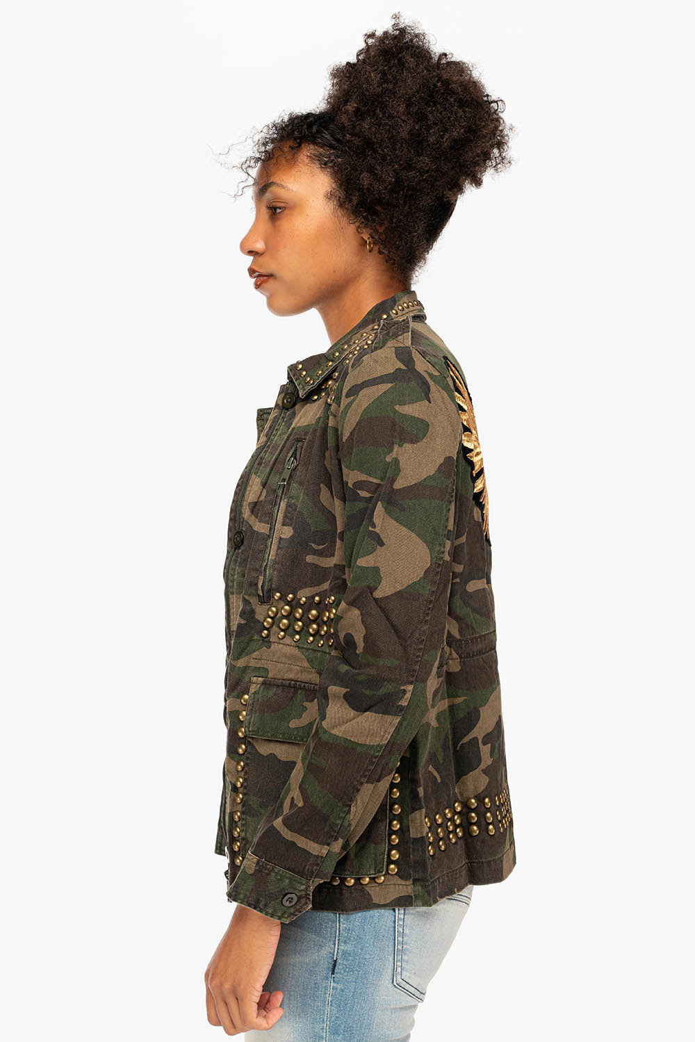 WOMENS STUDDED JACKET IN CAMO GREEN