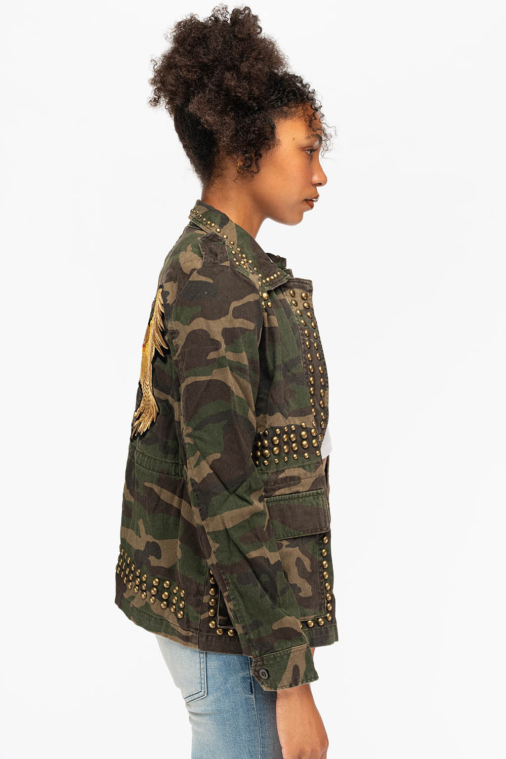 WOMENS STUDDED JACKET IN CAMO GREEN