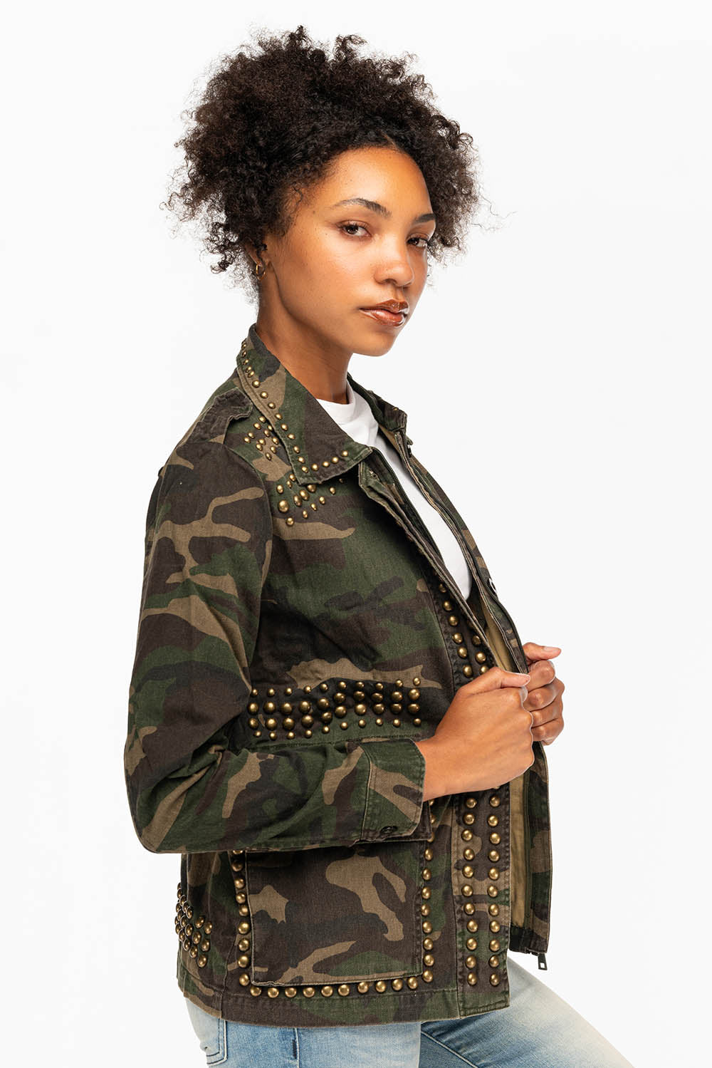 WOMENS STUDDED JACKET IN CAMO GREEN