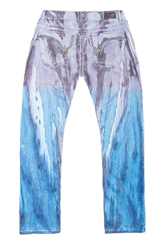 MENS CLASSIC STRAIGHT LEG LONG FLAP JEANS IN FIRE BLUE WITH CRYSTALS