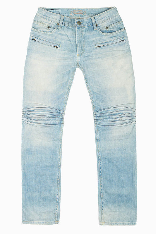 MOTO BIKER MEN'S SLIM STRAIGHT LEG JEANS IN BLUE THUNDER LIGHT WASH