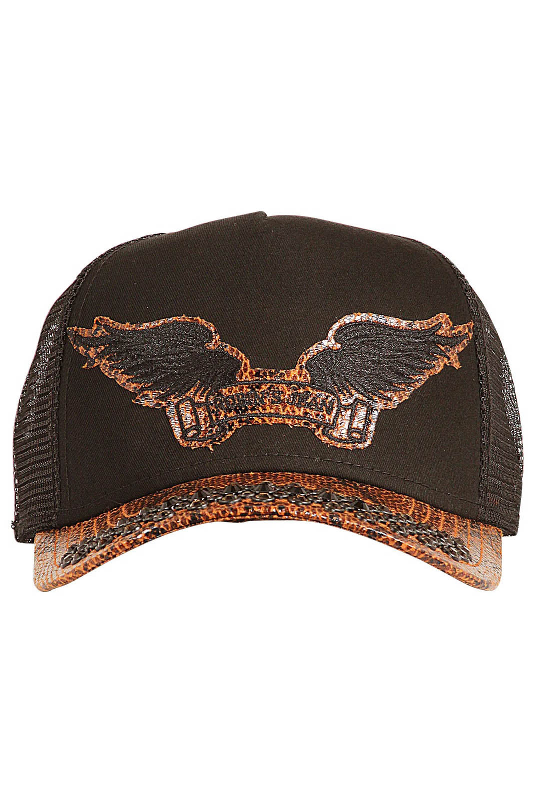 BLACK TRUCKER IN BROWN SNAKE WITH JET BLACK & SMOKY TOPAZ CRYSTALS