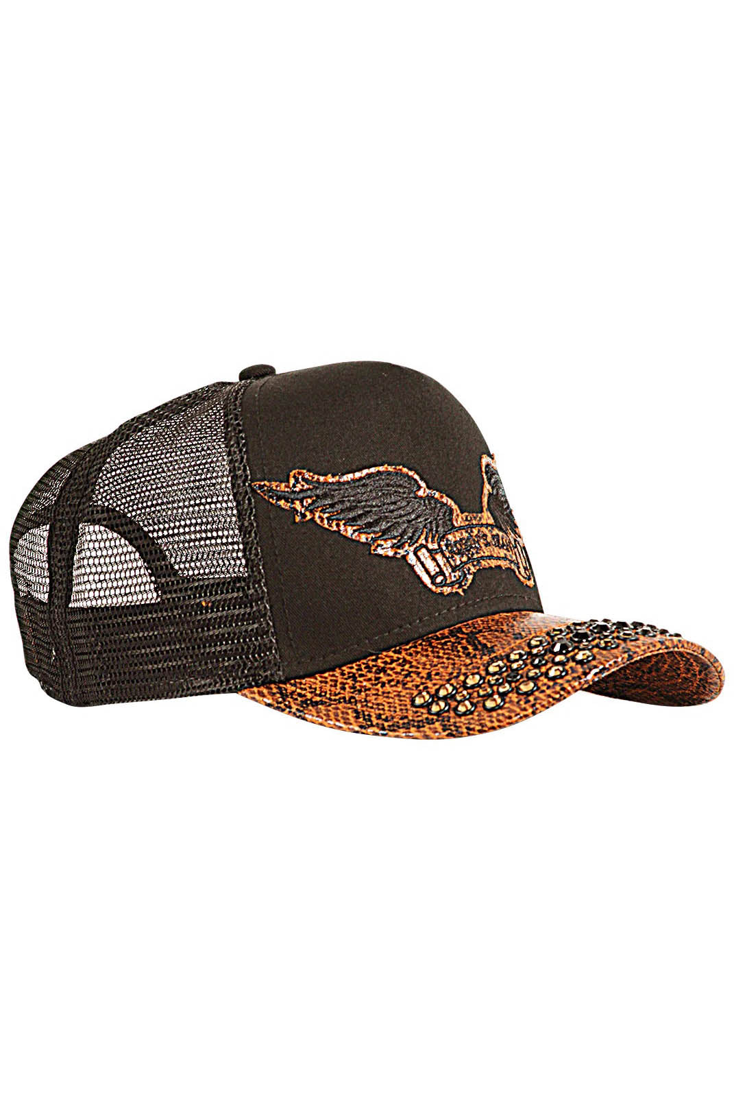 BLACK TRUCKER IN BROWN SNAKE WITH JET BLACK & SMOKY TOPAZ CRYSTALS