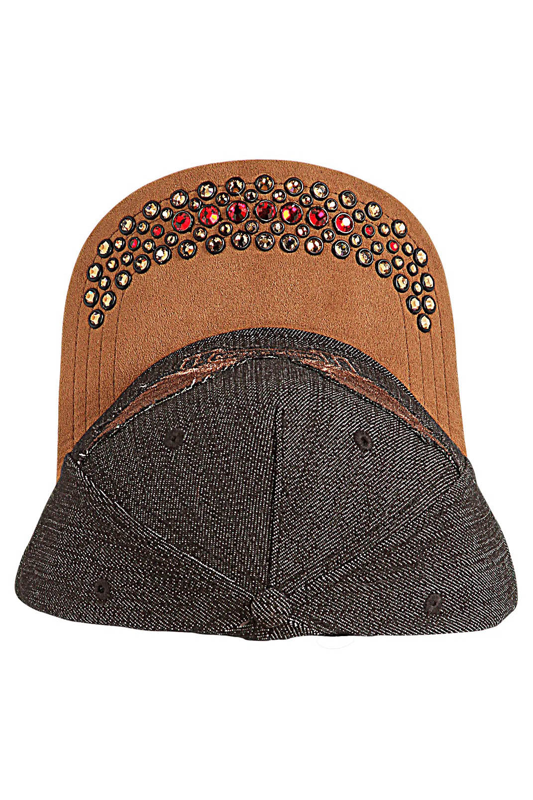 DENIM SUEDE CAP WITH RED & SMOKY TOPAZ CRYSTALS