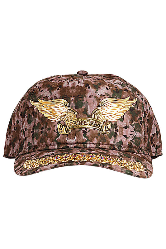 GREEN CAMO SNAPBACK WITH GOLD & RED CRYSTALS