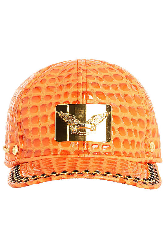 ROBIN'S GOLD TAG CAP IN ORANGE LIZARD WITH CRYSTALS