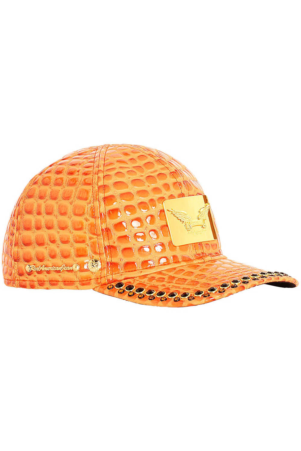 ROBIN'S GOLD TAG CAP IN ORANGE LIZARD WITH CRYSTALS