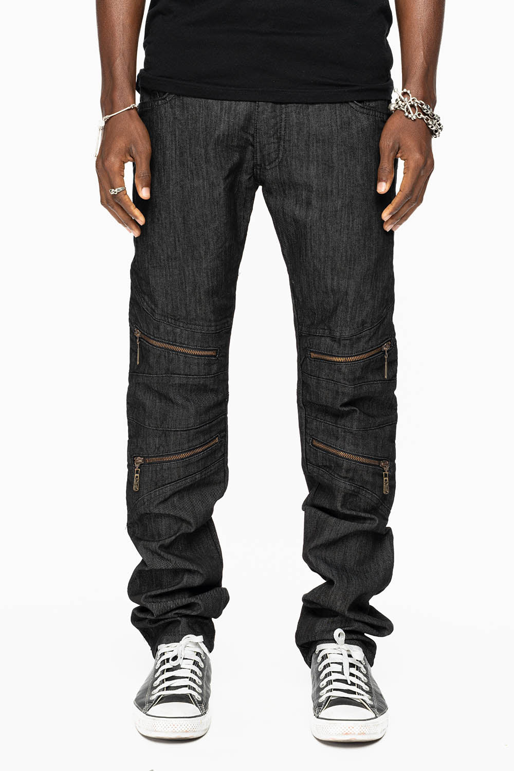 MENS LONG FLAP BIKER JEANS IN BLK DENIM WITH SMOKY ROPAZ CRYSTALS