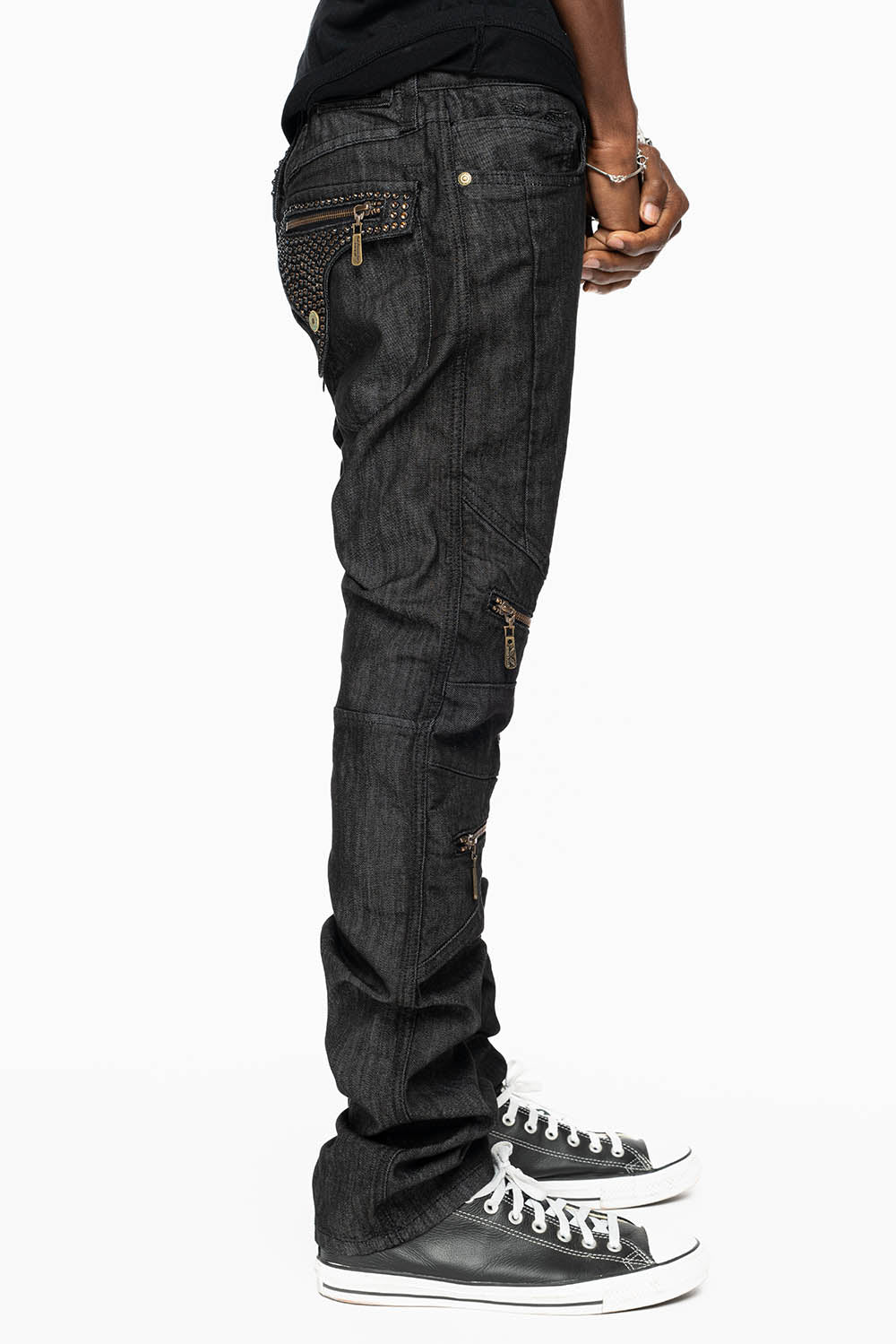 MENS LONG FLAP BIKER JEANS IN BLK DENIM WITH SMOKY ROPAZ CRYSTALS