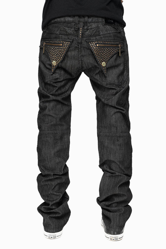 MENS LONG FLAP BIKER JEANS IN BLK DENIM WITH SMOKY ROPAZ CRYSTALS