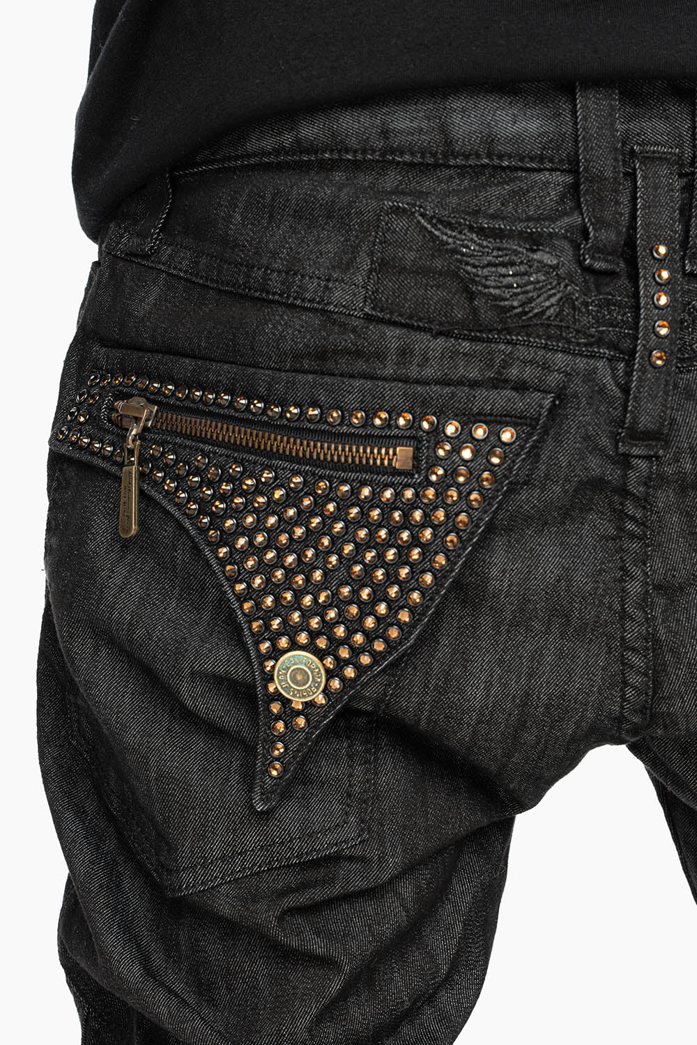 MENS LONG FLAP BIKER JEANS IN BLK DENIM WITH SMOKY ROPAZ CRYSTALS