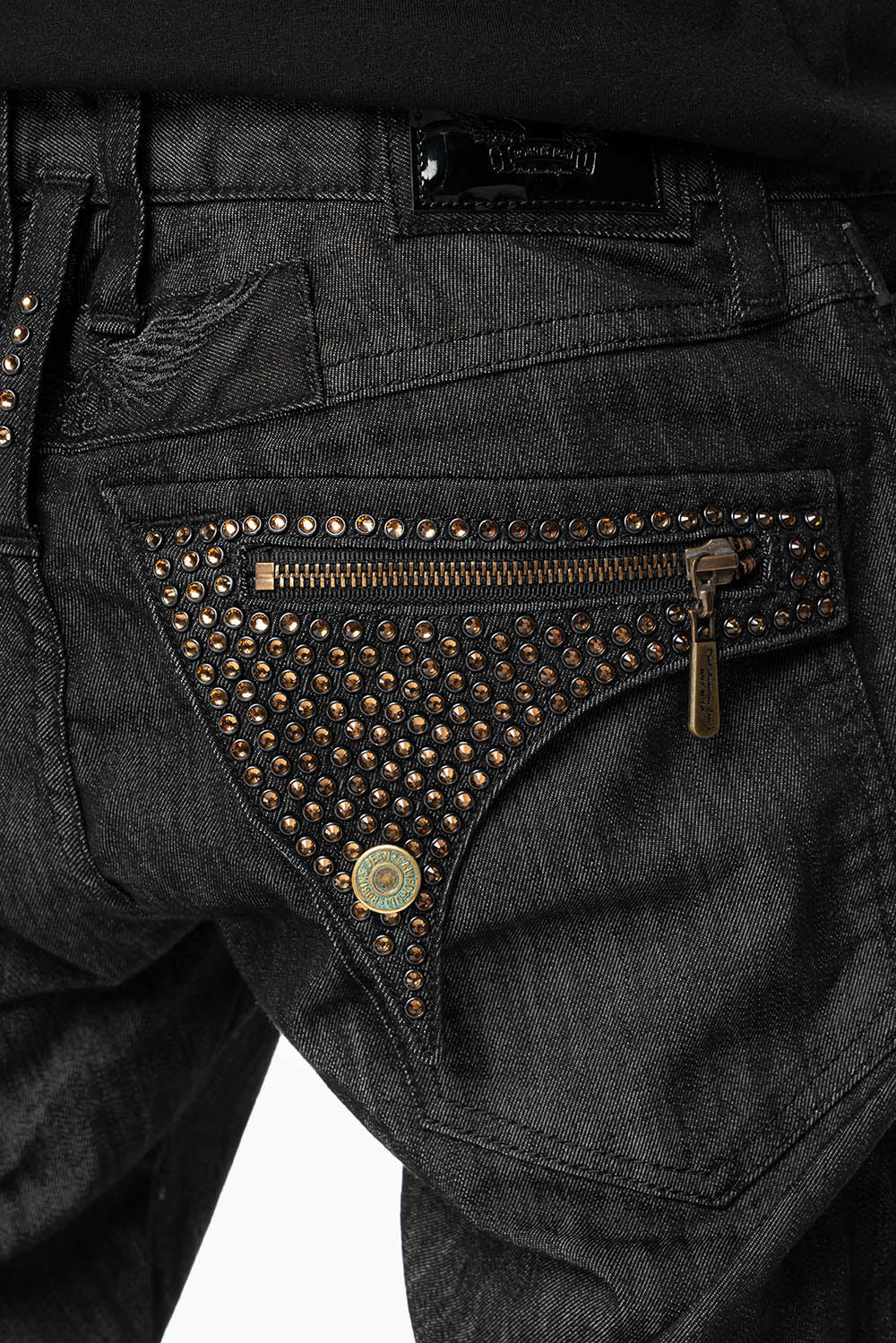 MENS LONG FLAP BIKER JEANS IN BLK DENIM WITH SMOKY ROPAZ CRYSTALS