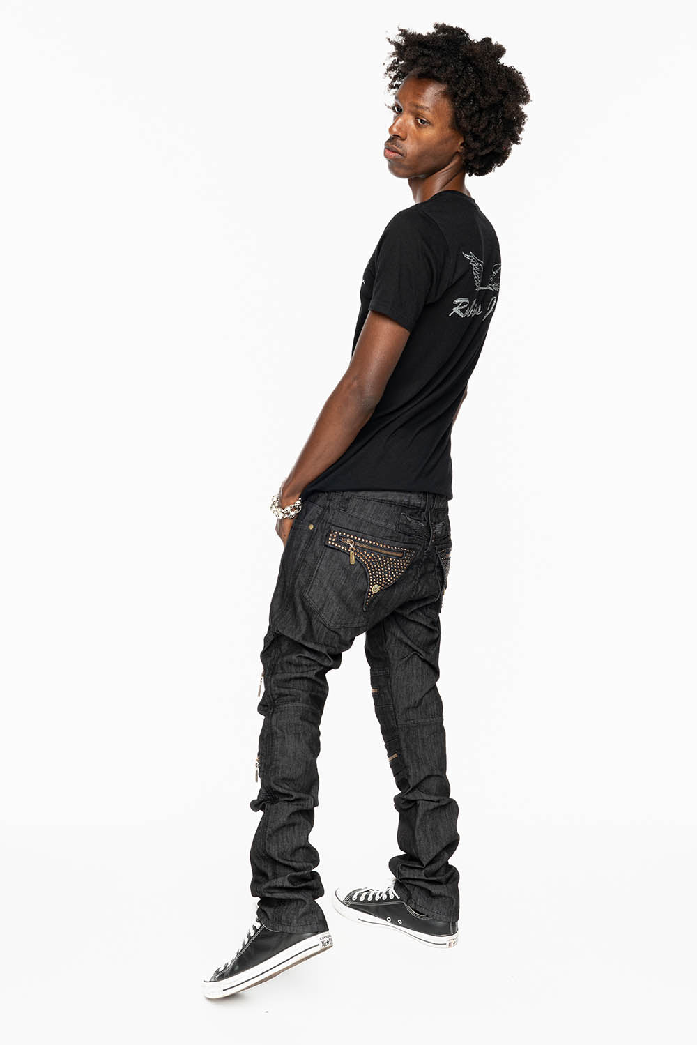 MENS LONG FLAP BIKER JEANS IN BLK DENIM WITH SMOKY ROPAZ CRYSTALS