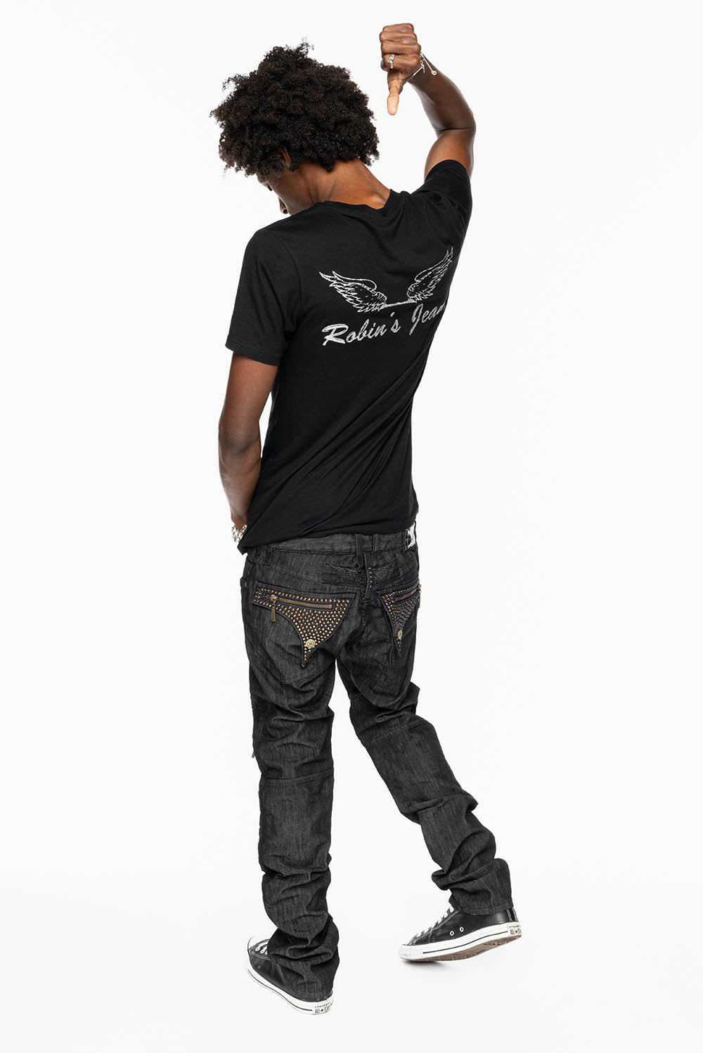 MENS LONG FLAP BIKER JEANS IN BLK DENIM WITH SMOKY ROPAZ CRYSTALS