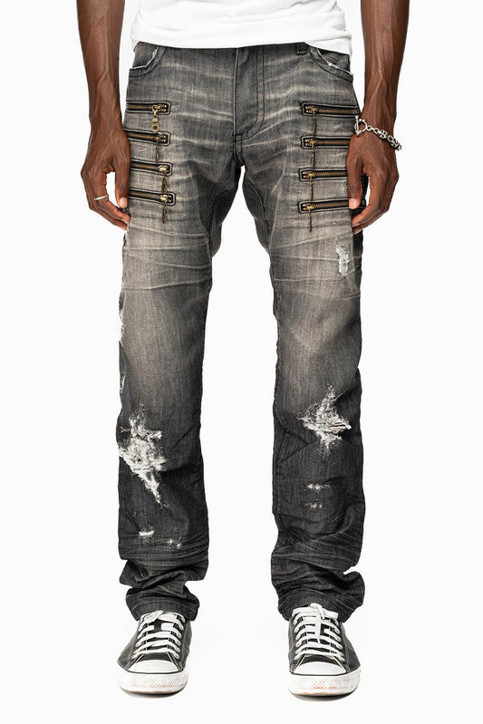 MENS MOTORCYCLE ZIPPERS SLIM JEANS IN ALBANY BLK BROKEN WASH EMBELLISHED WITH CRYSTALS