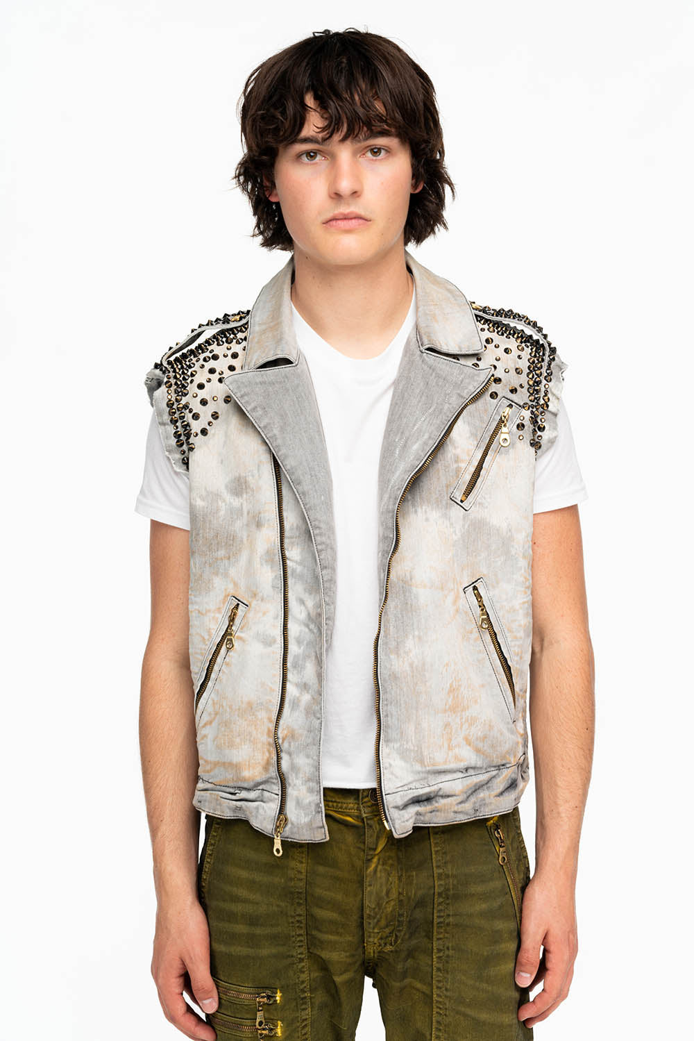 MENS RAW EDGE BIKER VEST IN JOSEPH BLACK WITH STUDS AND CRYSTALS