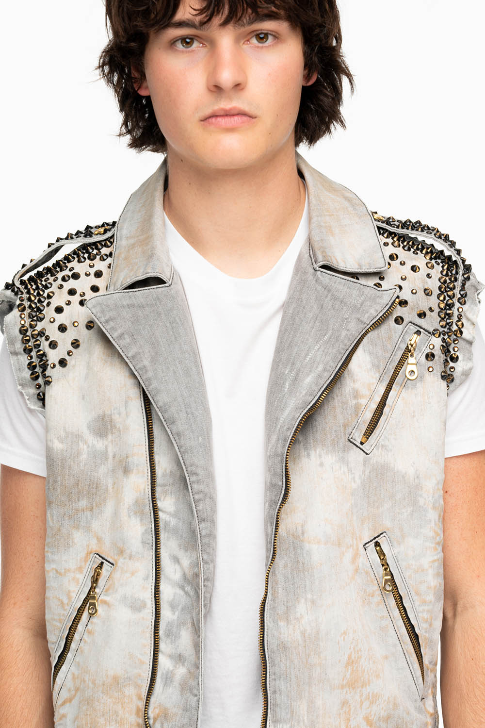 MENS RAW EDGE BIKER VEST IN JOSEPH BLACK WITH STUDS AND CRYSTALS