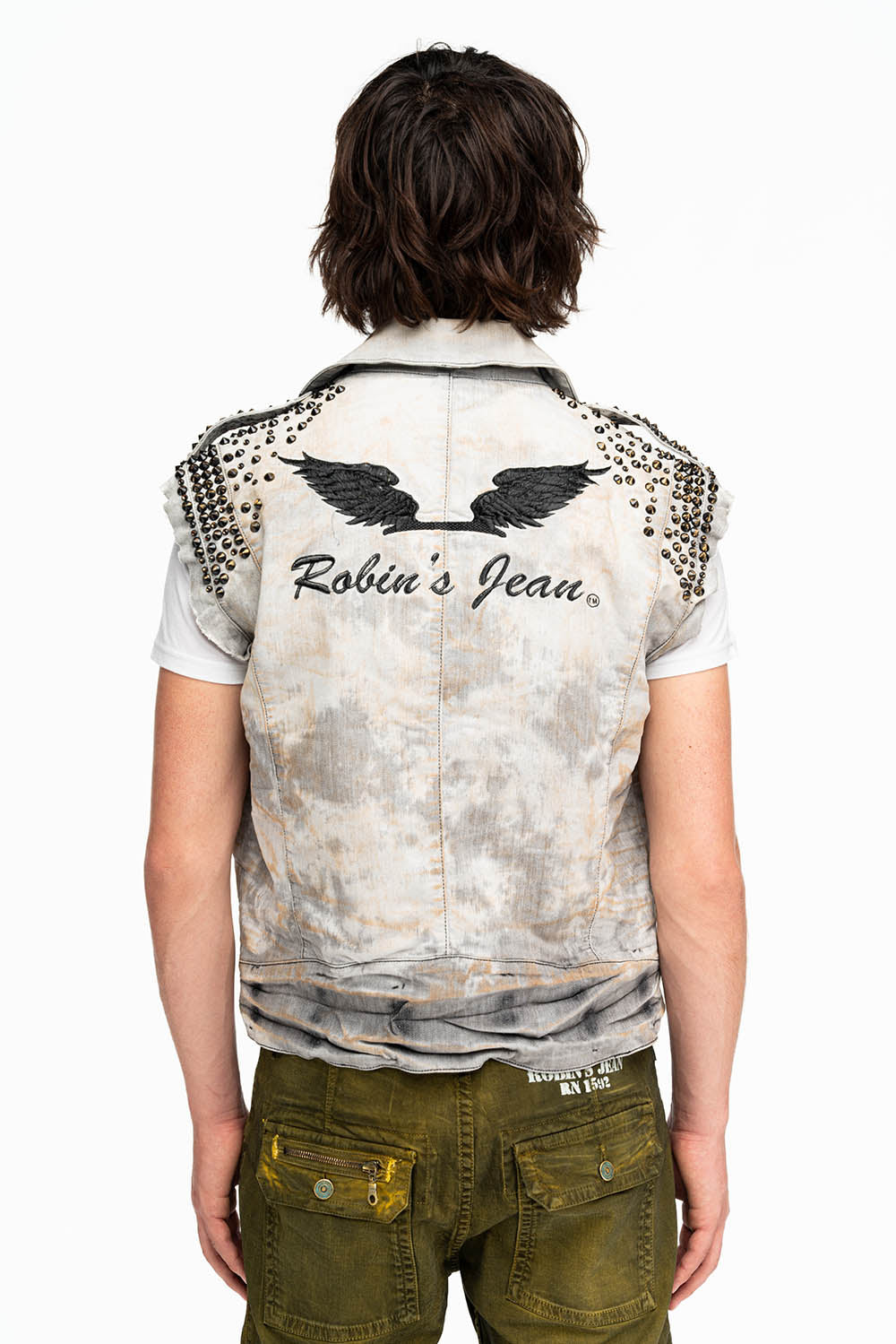 MENS RAW EDGE BIKER VEST IN JOSEPH BLACK WITH STUDS AND CRYSTALS