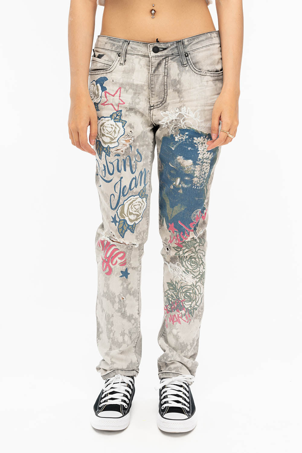 BOYFRIEND STYLE WOMENS JEANS IN MARCEL BLACK WASH WITH GEISHA PRINT