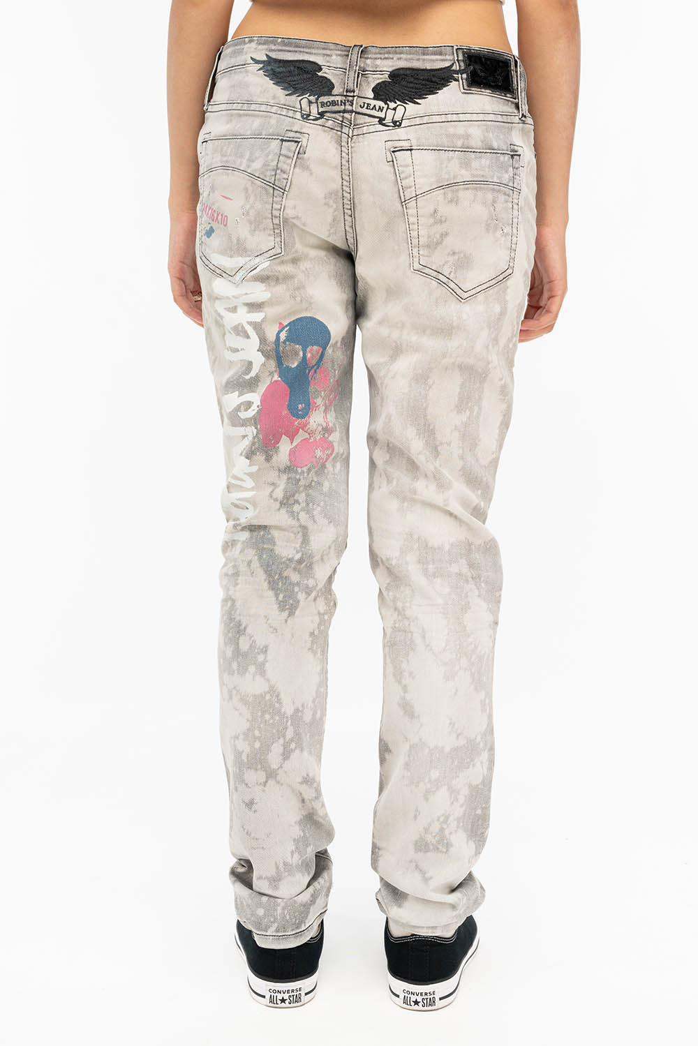 BOYFRIEND STYLE WOMENS JEANS IN MARCEL BLACK WASH WITH GEISHA PRINT