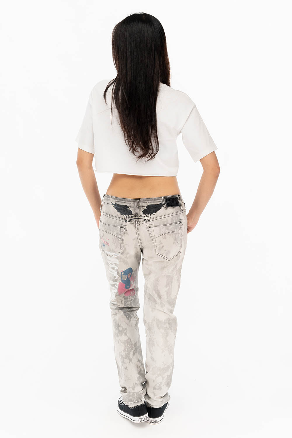 BOYFRIEND STYLE WOMENS JEANS IN MARCEL BLACK WASH WITH GEISHA PRINT