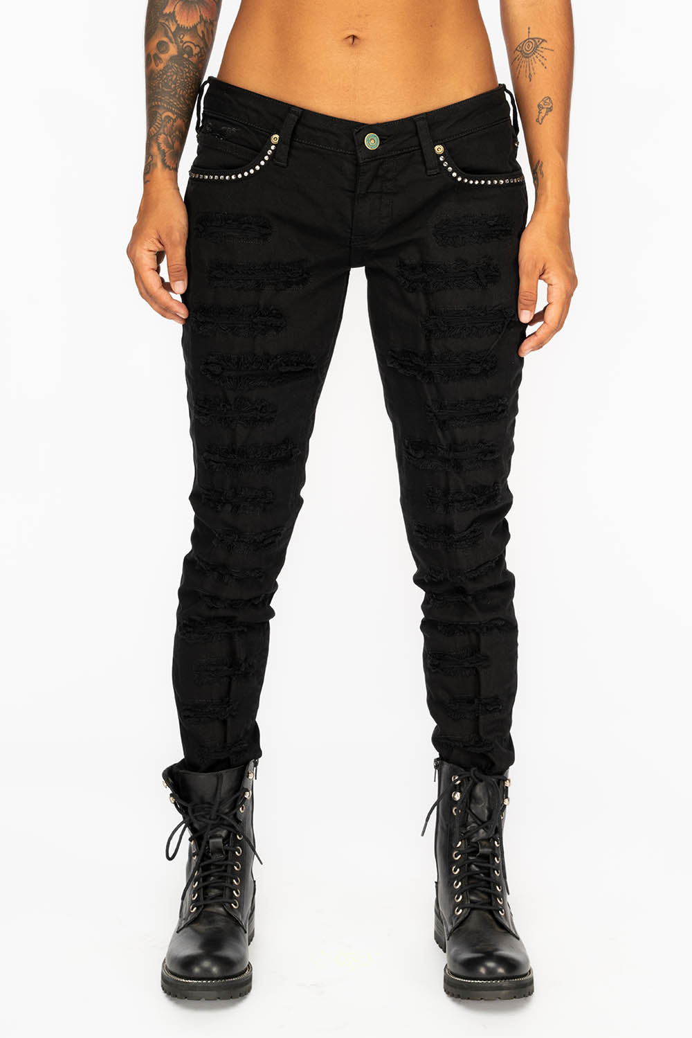 MARILYN WOMENS DISTRESSED & REPAIRED STUDDED SKINNY JEANS IN BLACK WITH BLACK WINGS AND CLEAR CRYSTALS