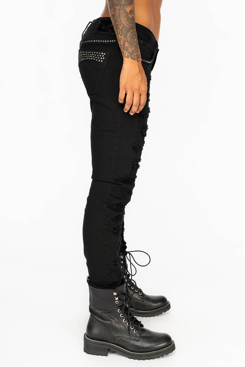 MARILYN WOMENS DISTRESSED & REPAIRED STUDDED SKINNY JEANS IN BLACK WITH BLACK WINGS AND CLEAR CRYSTALS