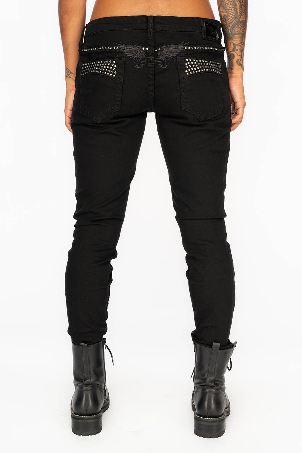 MARILYN WOMENS DISTRESSED & REPAIRED STUDDED SKINNY JEANS IN BLACK WITH BLACK WINGS AND CLEAR CRYSTALS