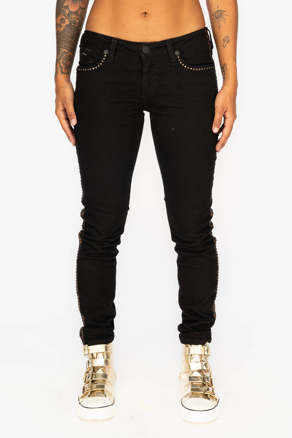 MARILYN WOMENS SKINNY JEANS IN BLACK WITH COPPER GLITTER TUXEDO STRIPE  PRINT WITH SMOKEY TOPAZ CRYSTALS