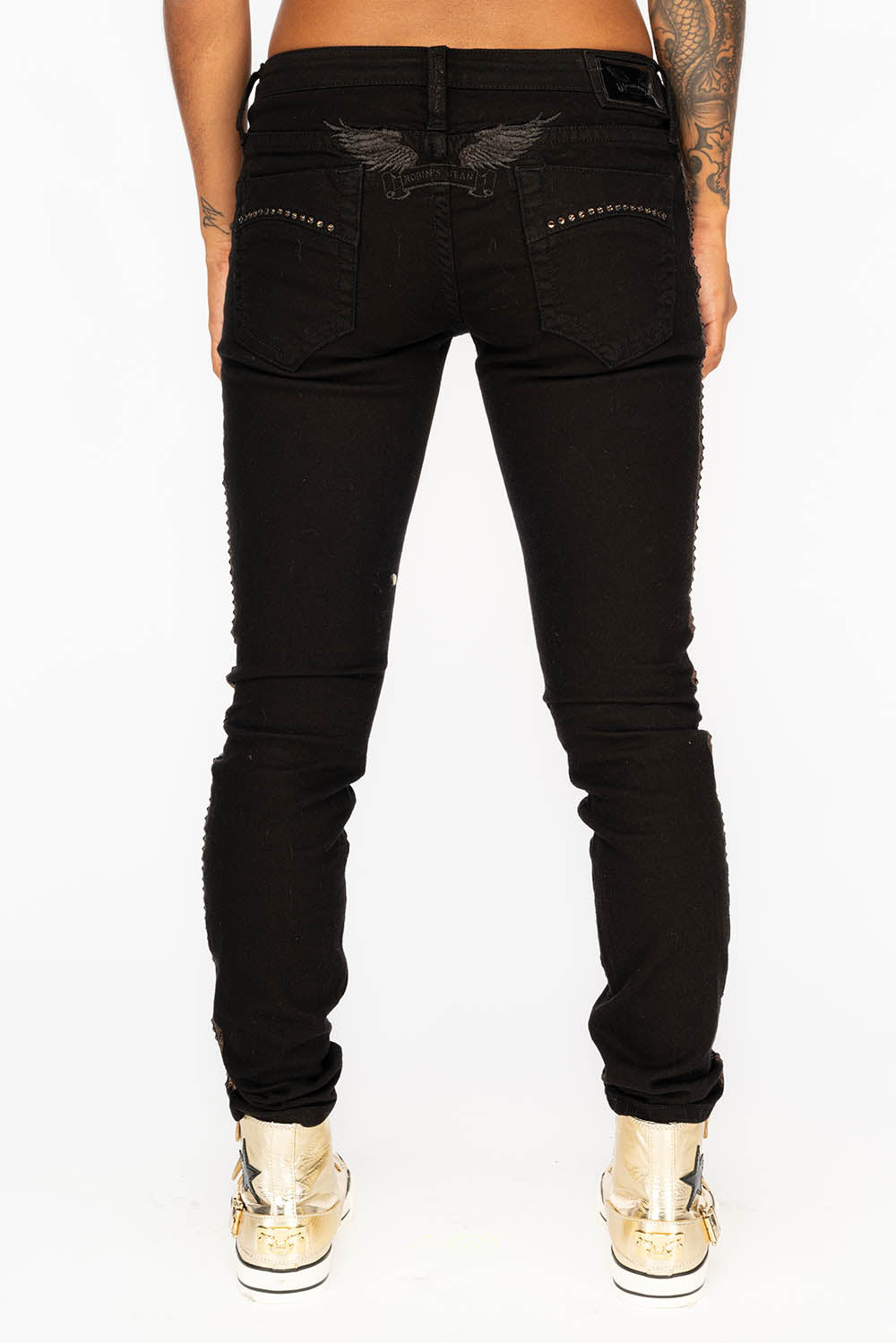 MARILYN WOMENS SKINNY JEANS IN BLACK WITH COPPER GLITTER TUXEDO STRIPE  PRINT WITH SMOKEY TOPAZ CRYSTALS