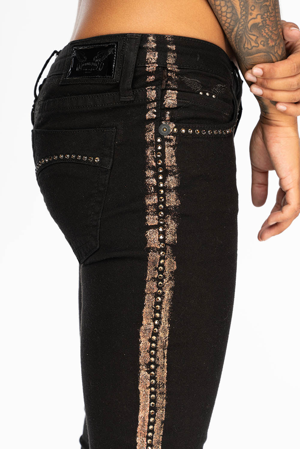 MARILYN WOMENS SKINNY JEANS IN BLACK WITH COPPER GLITTER TUXEDO STRIPE  PRINT WITH SMOKEY TOPAZ CRYSTALS