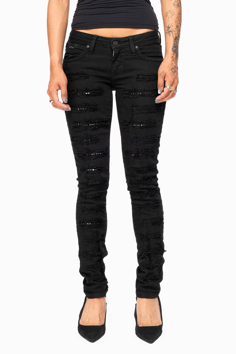 MARILYN WOMENS DISTRESSED & REPAIRED  SKINNY JEANS IN BLACK EMBELLISHED WITH STUDS &  CRYSTALS
