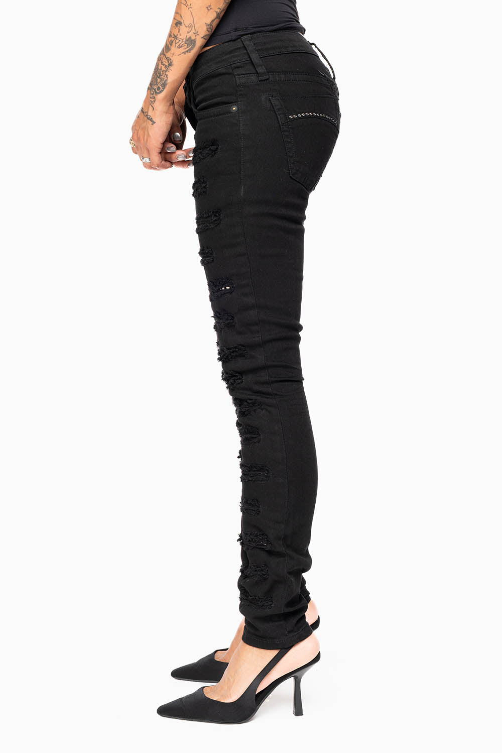 MARILYN WOMENS DISTRESSED & REPAIRED  SKINNY JEANS IN BLACK EMBELLISHED WITH STUDS &  CRYSTALS